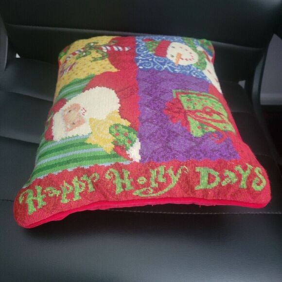 Christmas Holiday Needlepoint pillow red santa snowman candy cane present happy - Picture 5 of 12